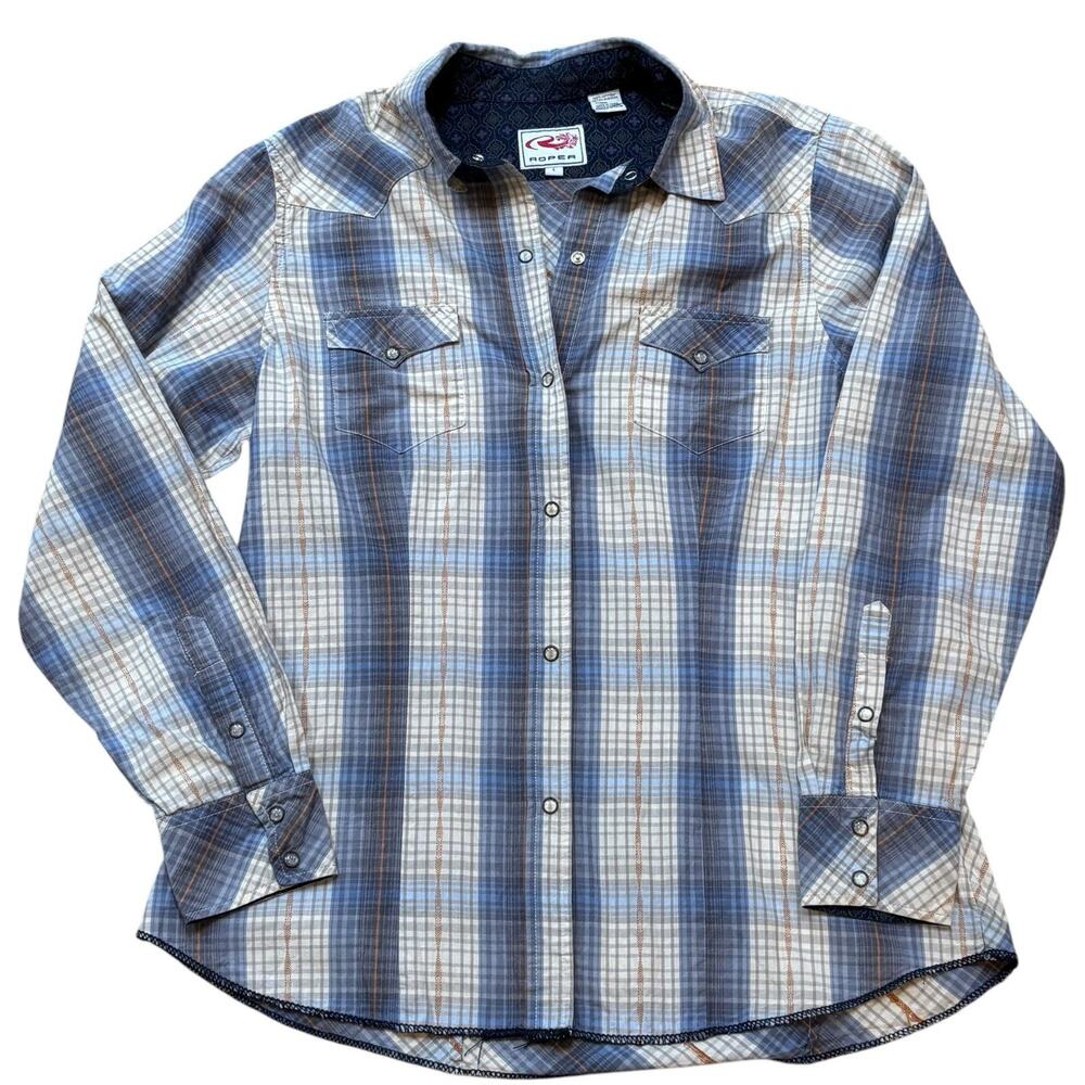 Roper Womens Western Shirt Large Blue Plaid Cotton Pearl Snap Long Sleeve